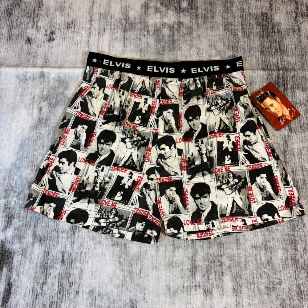 Elvis Presley Intimo Mens Cotton Photo Print Boxer Shorts Black White Red Medium